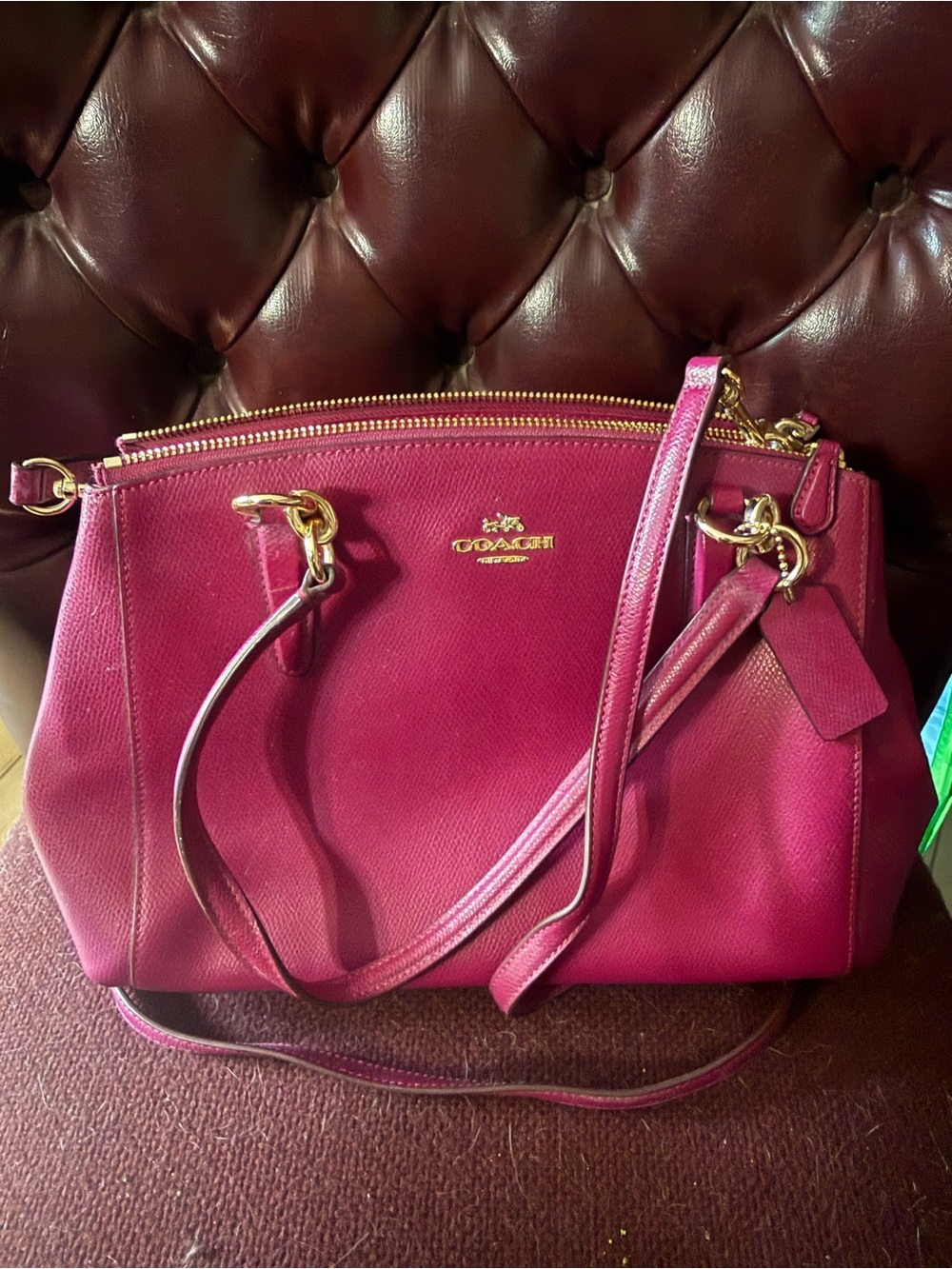 Coach Pebbled Leather Purse— Raspberry